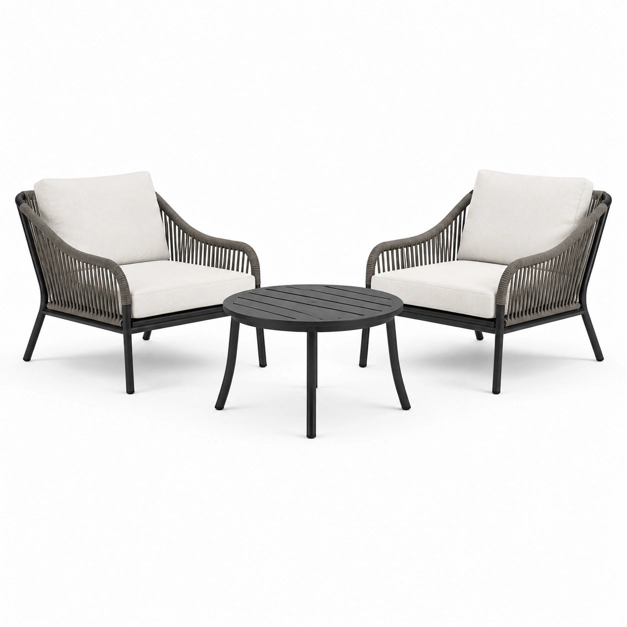 Ensemble 3 pièces avec 2 fauteuils 76 × 78 × 82 cm et table ronde 70 × 42 cm, noir, gris et écru