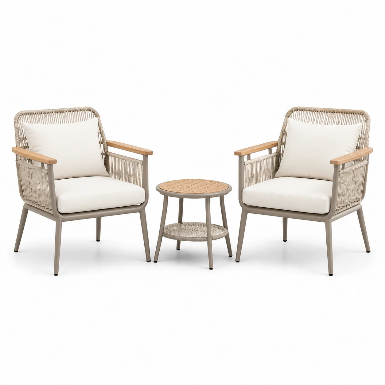 Ensemble 3 pièces avec 2 fauteuils 63 × 66 × 82 cm et table ronde Ø 50 × 50 cm, beige, écru et bois naturel
