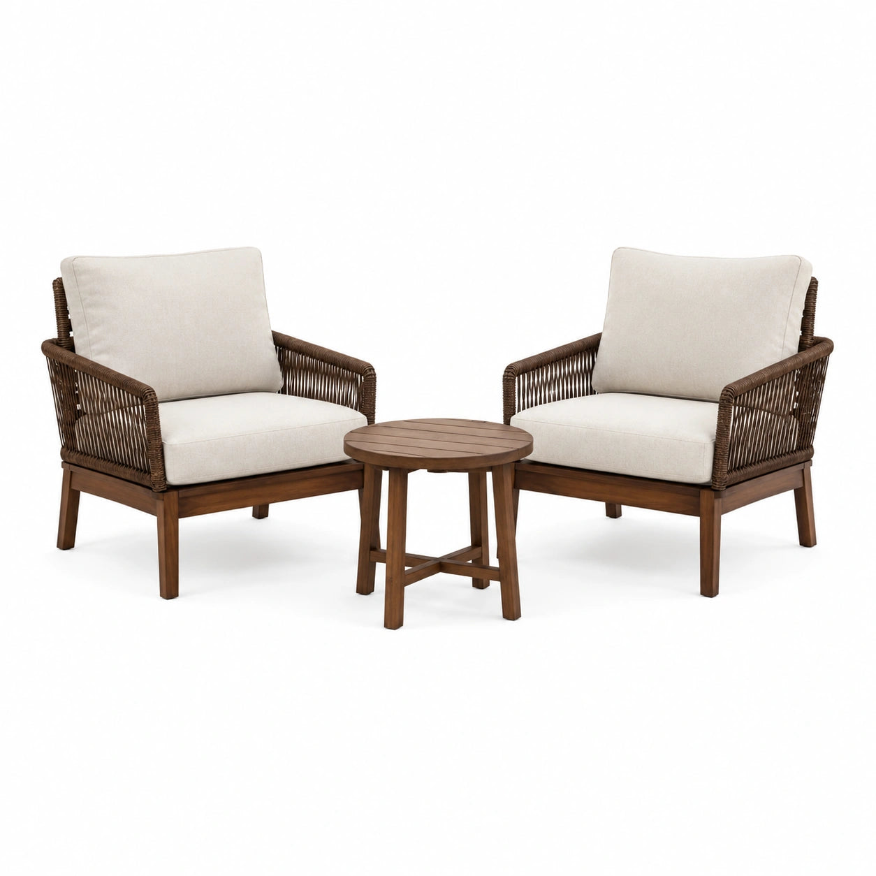 Ensemble 3 pièces beige et marron avec 2 fauteuils de 75 × 78 × 82 cm et table ronde de 55 × 50 cm