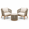Ensemble 3 pièces avec 2 fauteuils 78 × 76 × 82 cm et table ronde Ø 60 × 45 cm, bois, corde beige et coussins crème