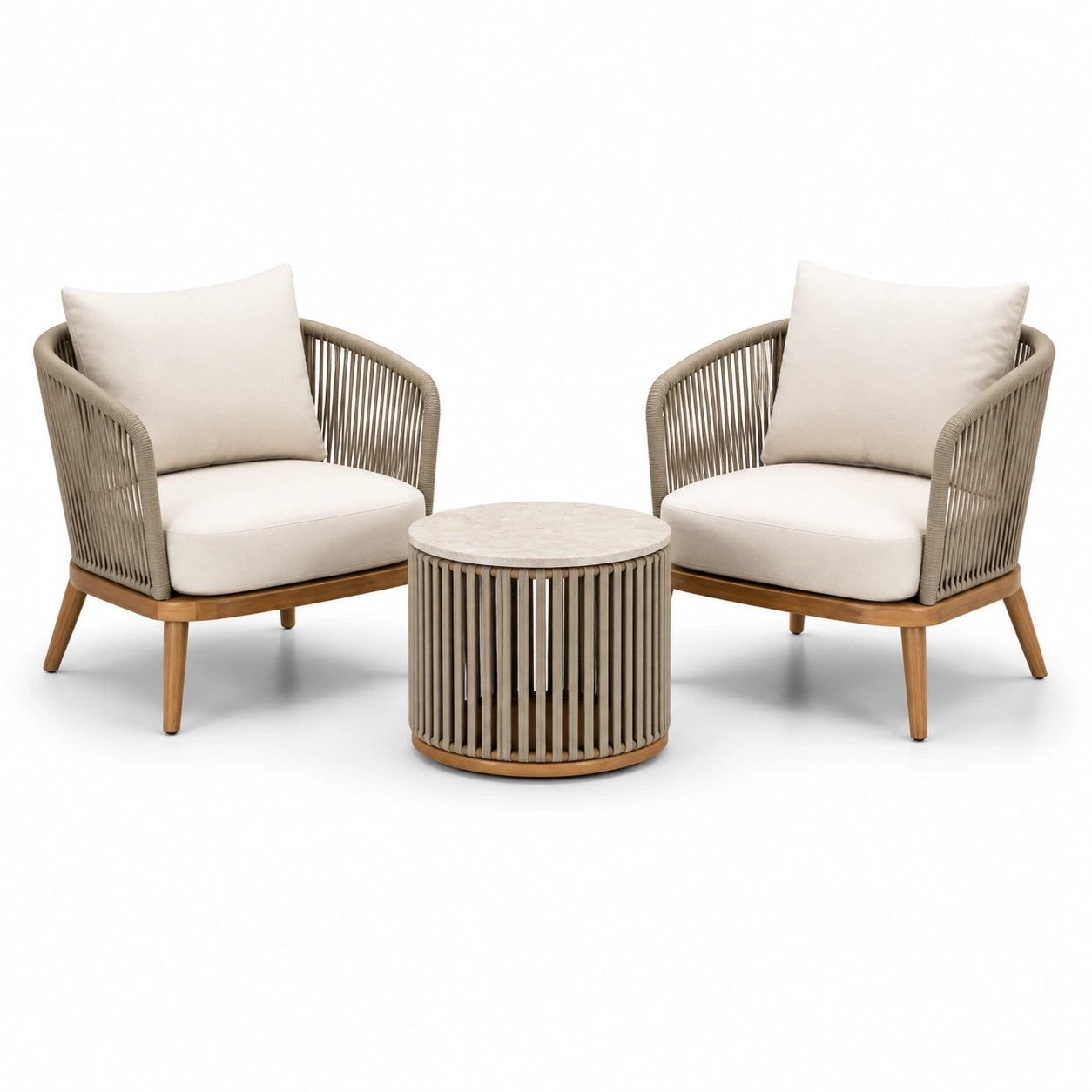 Ensemble 3 pièces avec 2 fauteuils 78 × 76 × 82 cm et table ronde Ø 60 × 45 cm, bois, corde beige et coussins crème