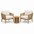 Ensemble 3 pièces en bois naturel, tissu écru et corde taupe – 2 fauteuils de 75 × 78 × 80 cm et table ronde de 45 × 50 cm