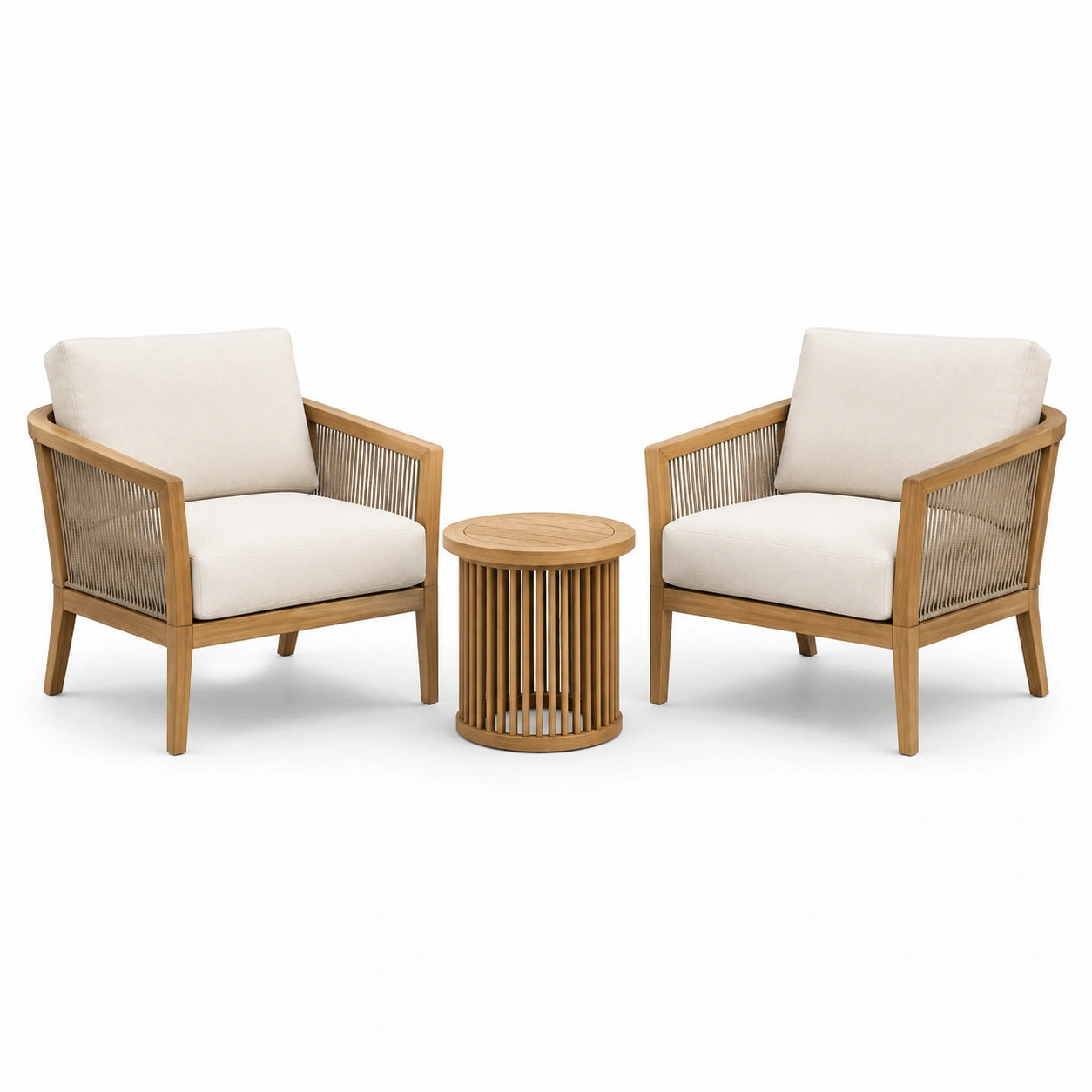 Ensemble 3 pièces en bois naturel, tissu écru et corde taupe – 2 fauteuils de 75 × 78 × 80 cm et table ronde de 45 × 50 cm