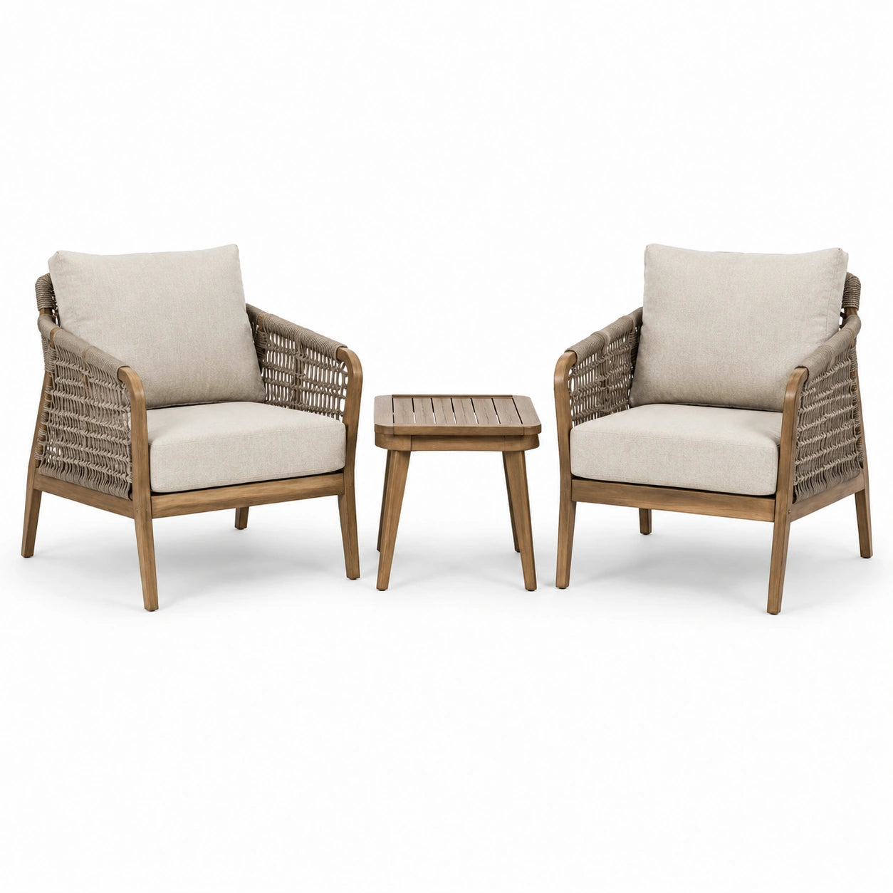 Ensemble de jardin 3 pièces en bois et corde tressée beige, taupe et marron – 2 fauteuils 70 × 75 × 86 cm et table 50 × 50 × 48 cm